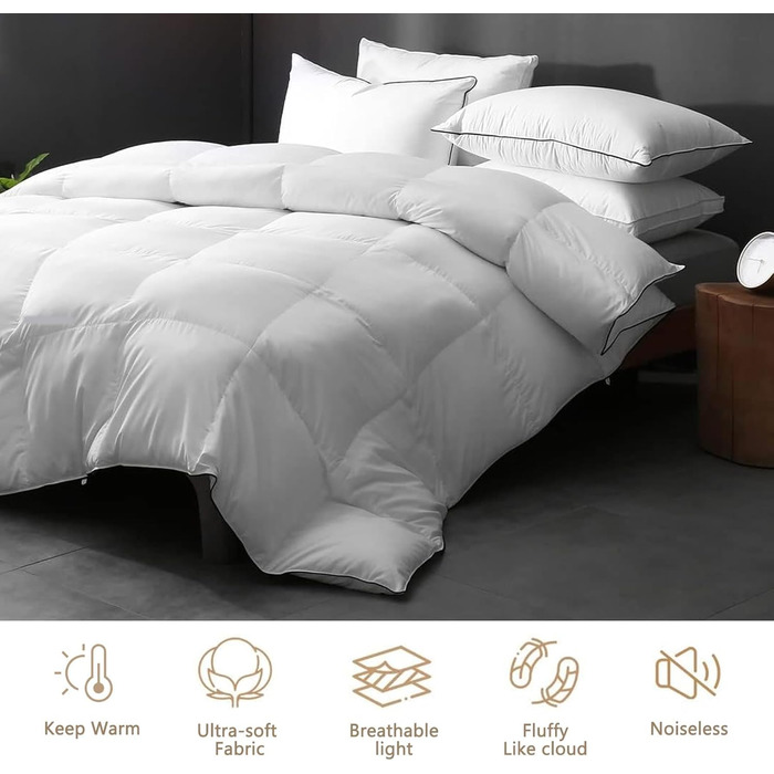 DWR Year-Round Down Comforter 220x240cm Bed Comforter made of Goose Down and Feathers, Extra Soft Organic Cotton Quilted, Medium Transition Comforter, Oeko-TEX and Downpass Certified, Down Comforter, White 220 x 240 cm White / Year-Round Comforter