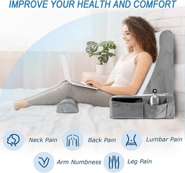 HOMCA Подушка для читання та відпочинку в ліжко та на диван з знімною подушкою для шиї та підлокітником, подушка для спини, подушка для стіни, багатофункціональна подушка-клинок для читання, роботи, перегляду телевізора (36x40x48 см)
