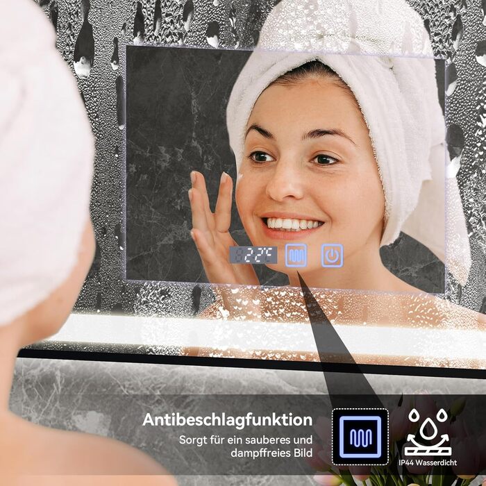 Дзеркало для ванної кімнати YU YUSING з підсвічуванням 60x80 см, антизапар, 3 кольори світла, регулювання яскравості, LED-дзеркало з годинником, IP44, вертикальне, срібло (чорний металевий каркас, 70x50 см)