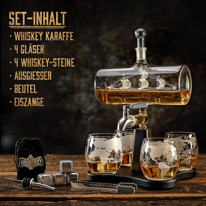 Whiskey Carafe Set - Whiskey Gift Set - Gifts for Men - Men's Gifts Gift - Birthday Gift for Men - Ship Decanter 1100ML, Gift Box, 4 Whiskey Glasses, 4 Whiskey Stones