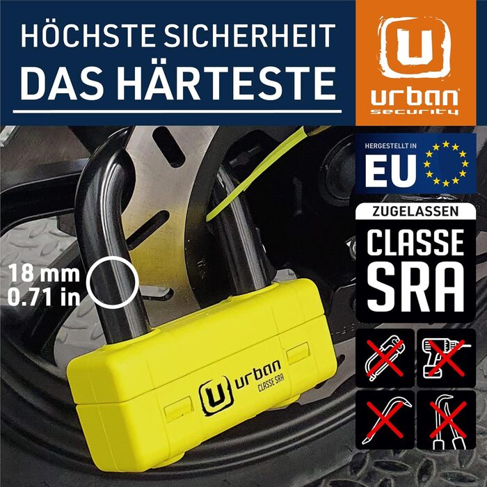 Замок для мотоцикла URBAN UR75, дисковий, високий рівень захисту, SRA сертифікат, міні U-подібний, 18 мм, універсальний 67x46 мм, жовтий