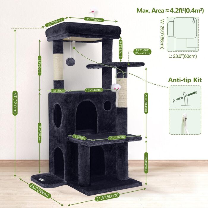 Дім-кіготник для котів Globlazer XL, 127 см, сірий. З платформою, будиночком та іграшками. Для великих котів та літніх тварин.