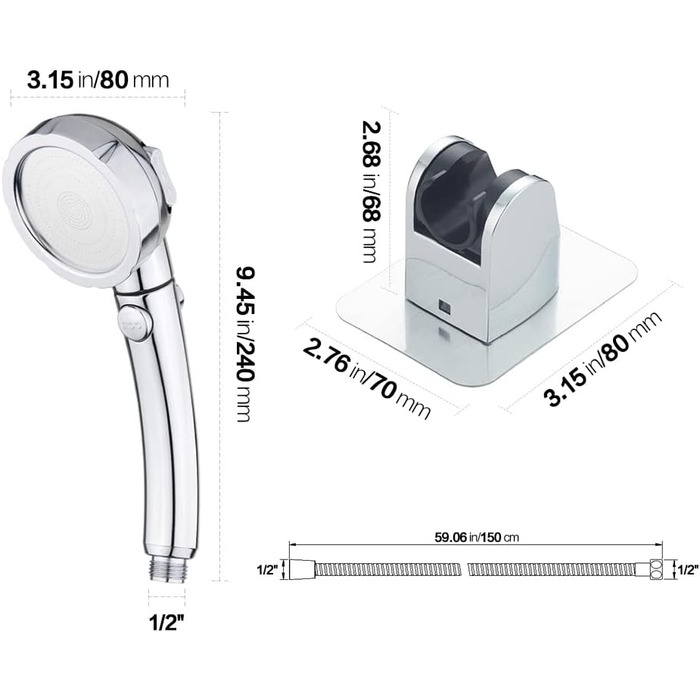 KAIYING Drill-Free High-Pressure Hand Shower with ON/OFF Pause Switch, 3 Spray Modes, Water-Saving Shower Head, Detachable Puppy Shower Accessory (M: Shower Head (Chrome) + Holder + Hose)