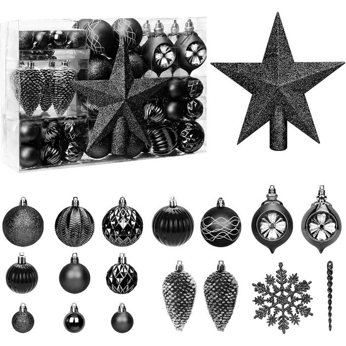 100 шт. прикраси на ялинку, чорні кулі для ялинки, набір прикрас з верхівкою для ялинки, шматостійкі прикраси для ялинки