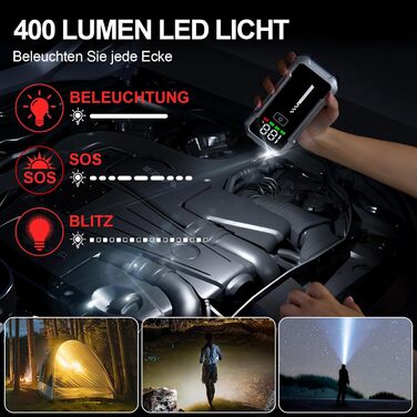 Портативний акумулятор Starthilfe для автомобіля 7000A: Запуск 12V авто, SUV, мотоцикла, газонокосарки. LED дисплей, чорний