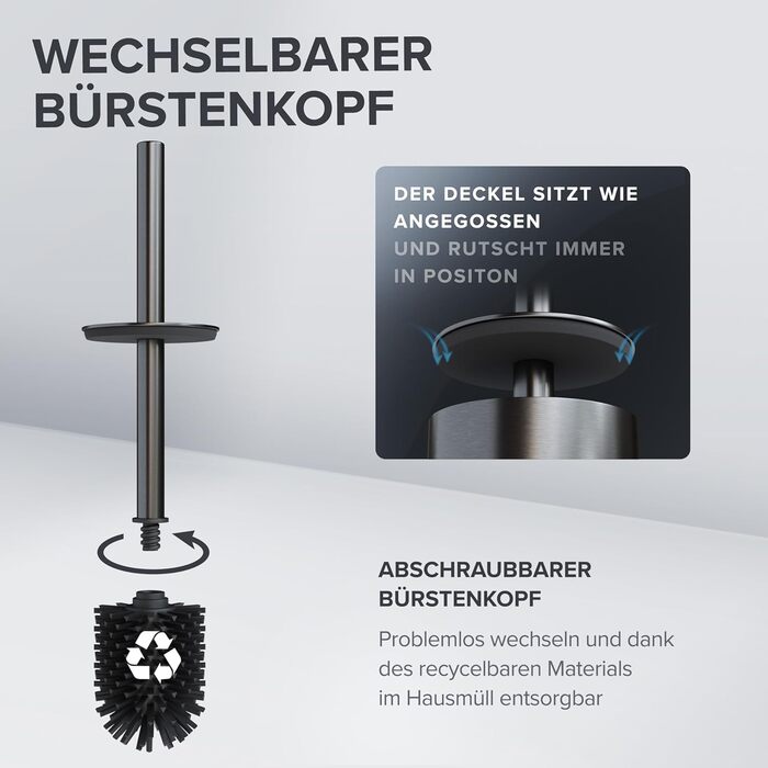 Торгова ручка для унітазу Ingoy | Силіконова щітка для унітазу | Чорна | з нержавіючої сталі з кришкою, для ванної та гостьового WC | Замінний насадок | Стильний дизайн (Бронза À Canon)