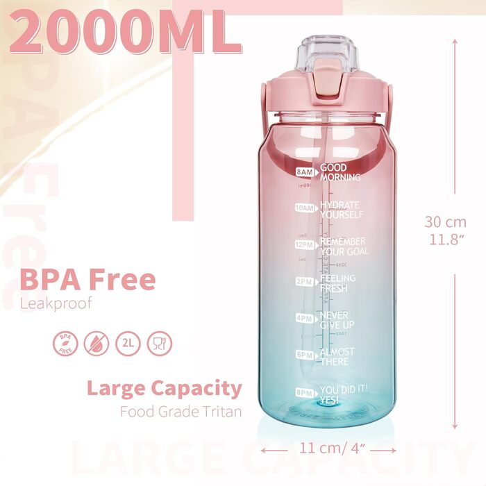 2L Tritan Water Bottle with Straw & Time Marker 2 liter BPA-free Motivational Water Bottle with Clock Large Sports Bottle for Gym, Fitness, Hiking (Transparent Rose / Cyan)