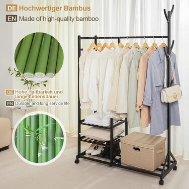Yorbay Bamboo Clothes Rack with Wheels, Clothes Rail, 3 Shelves and 6 Hooks, Tree Shape, 100 x 38 x 176 cm (Black)