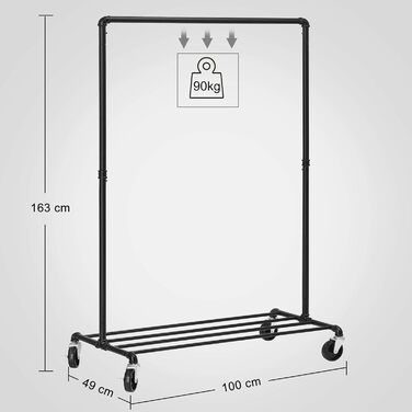 SONGMICS Clothes Rack, Garment Rod, with Wheels, Load Capacity up to 90 kg, Coat Rack with 1 Garment Rod and Shelf, Industrial Design, for Bedroom, Laundry Room, Black HSR61BK