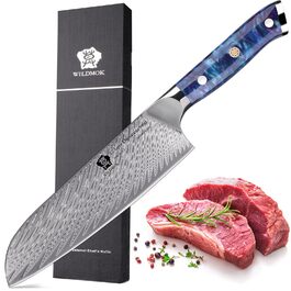 Японський кухонний ніж Santoku WILDMOK 17 см, сталь VG10 Дамаск, синій ергономічний руків'я для кухні
