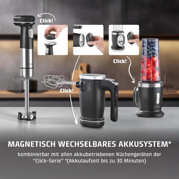 CASO Click & Mash - бездротовий набір ручного блендера 4-в-1, акумуляторний, для пюрування, подрібнення, збивання, спінювання молока, емульгування, 6000-13000 об/хв