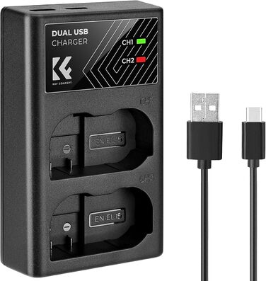 Зарядний пристрій для акумулятора Nikon EN-EL15/EN-EL15a/EN-EL15b з подвійним слотом K&F CONCEPT, Micro USB та Type-C, швидка зарядка для Nikon D7000, D7100, D7200, D750, D850, D810, D800, D800E, D610, D600, D500