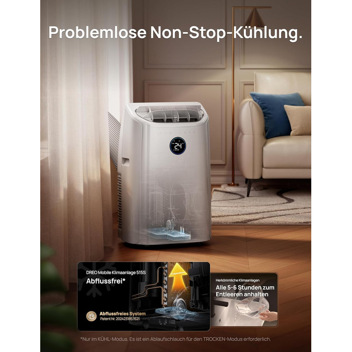 Портативний кондиціонер DREO 10000 BTU з охолодженням без дренажу, керуванням через додаток/голос/пульт, таймером 24 год та функцією вентилятора та осушувача повітря, AC515S