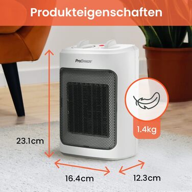Керамічний обігрівач Pro Breeze 2000W з термостатом, електрична теплова гармата з 3 рівнями нагріву, захистом від перегріву та перекидання, білий
