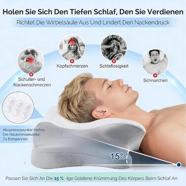 Подушка ортопедична з піни Memory Foam для підтримки шиї, сіра. Ефективна проти болю, ергономічна, для сну на боці, спині та животі.