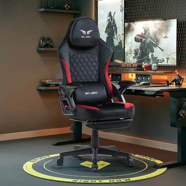 Геймерське крісло Racing Ergonomic з регульованою подушкою для голови та підставкою для ніг, тканинна оббивка, чорно-червоне