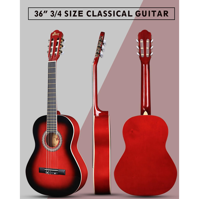 Класична гітара Winzz 4/4 для дорослих та дітей (від 11 років), набір для початківців - Чорний глянцевий (39 дюймів), 3/4 - Червоний