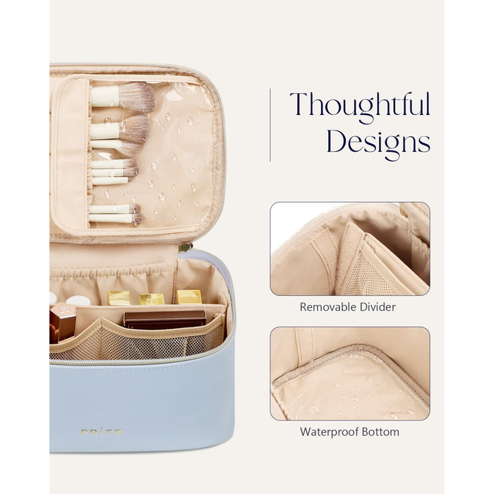 Велика косметичка для жінок, дорожня косметичка з водонепроникної шкіри, косметичний мішечок або сумочка для макіяжу з ручкою та знімним роздільником (Блакитна)
