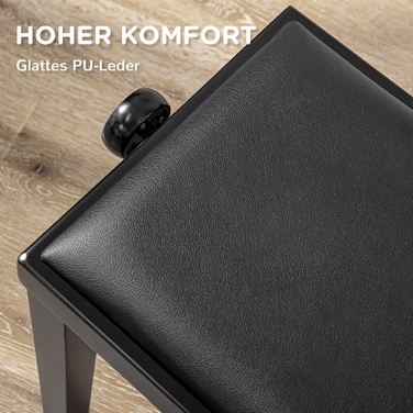 HOMCOM Piano Bench - Height Adjustable Piano Stool with Leather Cushion, Faux Leather, Beechwood, Black, 63 x 33 x 45-56 cm, ideal for pianists