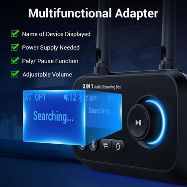 Передавач Bluetooth Ainostone 3-в-1: 2 навушники, аудіоадаптер, передавач/приймач, низька затримка, AUX, RCA, для TV, PC, чорний