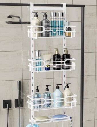HapiRm Shower Shelf - Hanging Shower Rack Adjustable with 4 Shower Baskets, Shower Shelf No Drilling with Soap Dish and Hooks, Shower Shelf Over the Door Glass Wall & Bathroom Door (White)