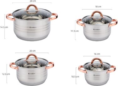 Набір каструль та сковорідок EliteHoff Induktion (8 предметів) з нержавіючої сталі, склокришки, ручки рожевого золота, для всіх типів плит