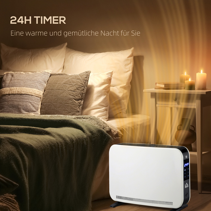 HOMCOM нагрівач, обігрівач 2180 Вт, електронагрівач з LED-підсвічуванням, 3 рівні нагріву, 24-годинний таймер, сталевий, білий, 60 x 18,5 x 39,5 см для ефективного обігріву