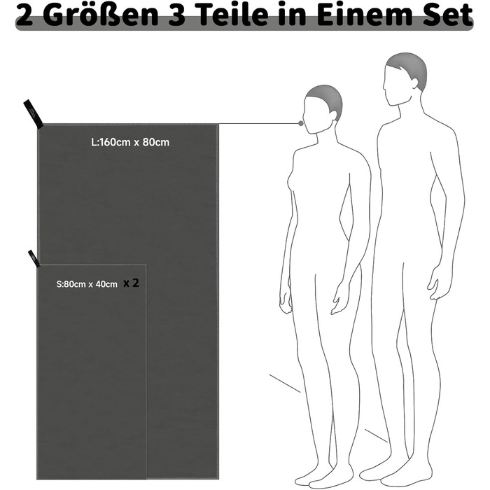 Набір рушників з мікрофібри Pameil (3 шт.): великий (160x80 см) + 2 маленьких (80x40 см), швидковисихаючі, для подорожей, фітнесу, сауни, темно-сірий