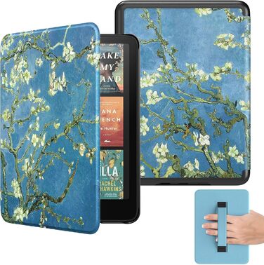 Чохол MoKo для Kindle Paperwhite (12-го покоління, 2024) та Kindle Colorsoft Signature Edition (2024), з петлею для руки, авто-ввімкнення/вимкнення, Agave Grün (aprikose Blume)