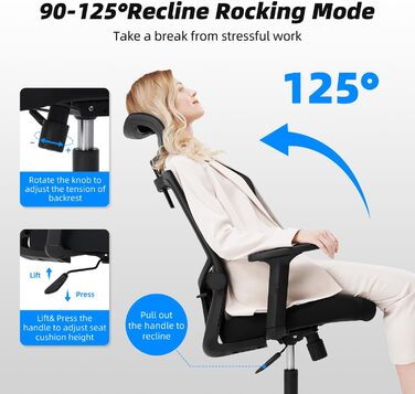 Ергономічне крісло Daccormax для офісу: регульована підголовник, підлокітники, підтримка попереку, поворотний механізм, функція гойдання, сітчасте крісло для начальника, чорний, до 150 кг