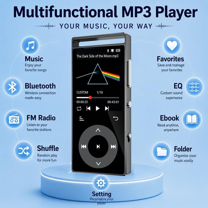 MP3-плеєр з Bluetooth 5.3 та HiFi-звуком, 90 ГБ, сенсорні кнопки, кольоровий дисплей, металевий корпус, FM-радіо, підтримка e-books, розширювальна пам'ять до 128 ГБ, чорний