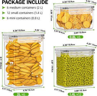 Набір контейнерів для зберігання продуктів – 24 шт. з герметичними кришками, BPA-free, для кухні. Підходять для борошна, цукру, круп та випічки, об'єм 33.6л