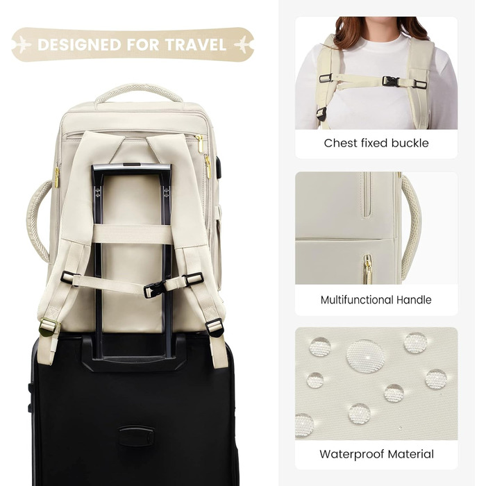 LOVEVOOK Рюкзак жіночий великий з відділенням для взуття, вологостійким відділенням та відділенням для ноутбука 17 дюймів, рюкзак чоловічий, розширюваний ручний багаж для бізнесу 30-40л для подорожей, відпустки, походів, Beige Beige 17,3 дюймів