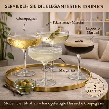 Набір келихів для мартини Vemacity Elegante Espresso Martini (4 шт.) | Келихи для коктейлів ручної роботи | Келихи для шампанського та маргарити | Прозорі келихи для мартини | Ідеальний подарунок (2 келихи + аксесуари)
