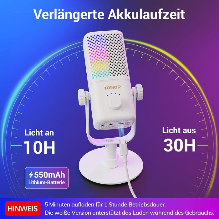 TONOR TCX3 Мікрофон для геймінгу з RGB підсвічуванням, конденсаторний, з регулюванням гучності та моніторингом, 30 годин роботи від акумулятора, сумісний з Xbox, Capture картами, для стрімінгу та подкастингу