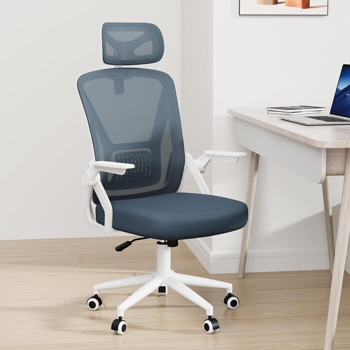 Офісний стіл Naspiro, ергономічне крісло з сітчастою спинкою, підтримка попереку, м'яке сидіння, регульована висота, для дому та офісу, сірий (темно-сірий, з підголовником)