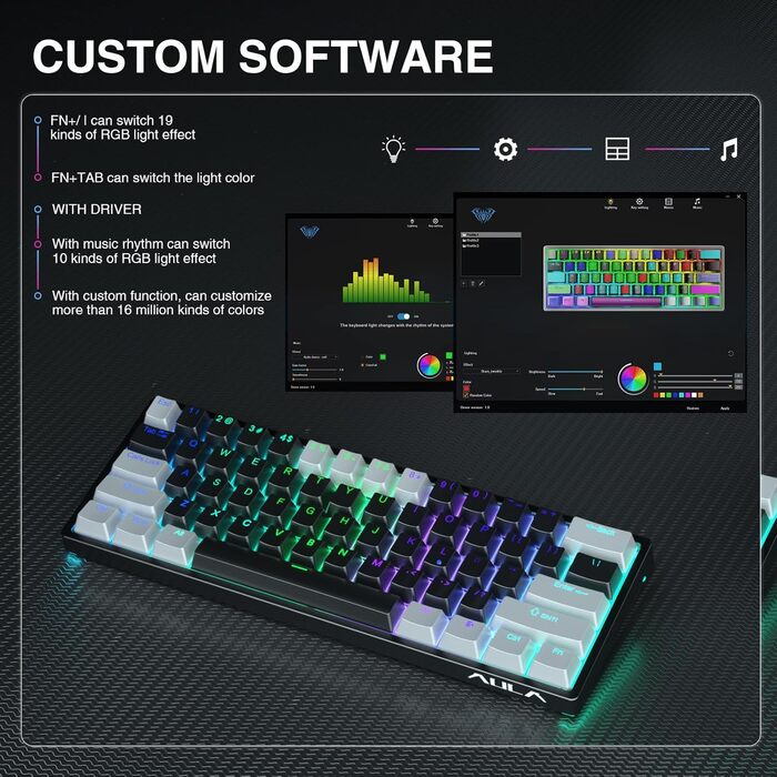 Механічна ігрова клавіатура AULA 60% з RGB-підсвічуванням, Hot-Swap, Type-C, блакитні перемикачі (чорно-сірий)