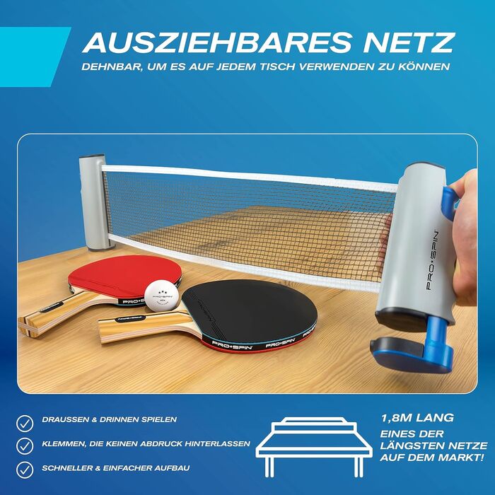 PRO SPIN Table Tennis Set with Net - Mobile Table Tennis Net, 3-Star Table Tennis Balls, Case & Paddles | Perfect Gift Set for 4 Players