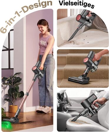 Бездротовий акумуляторний пилосос Vexilar V10PRO 6-в-1 з LED, потужність 450W, час роботи 45 хв, сила всмоктування 45000Pa. Підходить для твердих поверхонь, килимів та видалення шерсті тварин. Компактний, легкий, з телескопічною трубою. Колір: Рожевий.