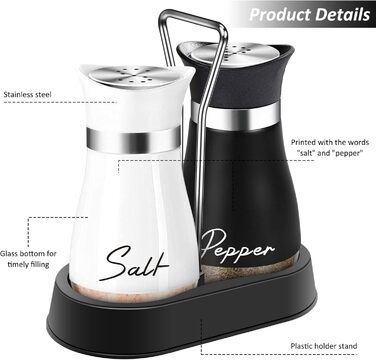 Набір солі та перцю: скляні та нержавіючі солі та перечниці для кухні, подорожей, BBQ. Чорний та білий колір.