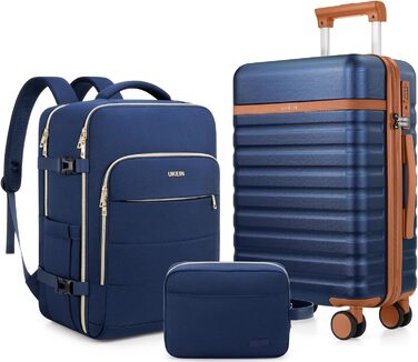Набір валіз UKEIN 3 шт. з жорстким корпусом, міцний ручний багаж з 4 колесами, TSA-замок, рюкзак та косметичка (Marineblau)
