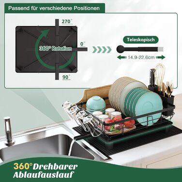 Сушарка для посуду MAJALiS з піддоном та килимком, 2-рівнева, з тримачем для столових приборів, поворотним виливом, чорна