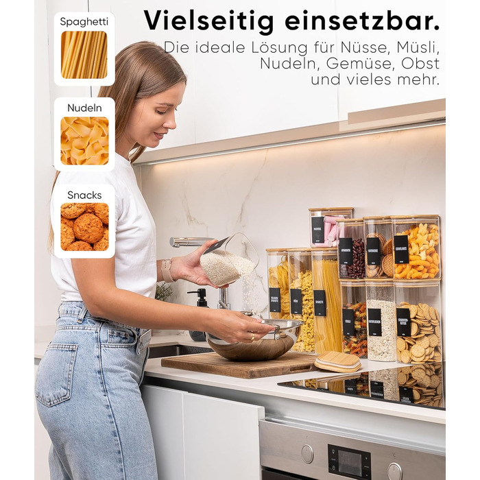 Набір скляних контейнерів для зберігання Deco haus® (6 шт.) з кришкою, етикетками - герметичні банки для круп, макаронів, спецій