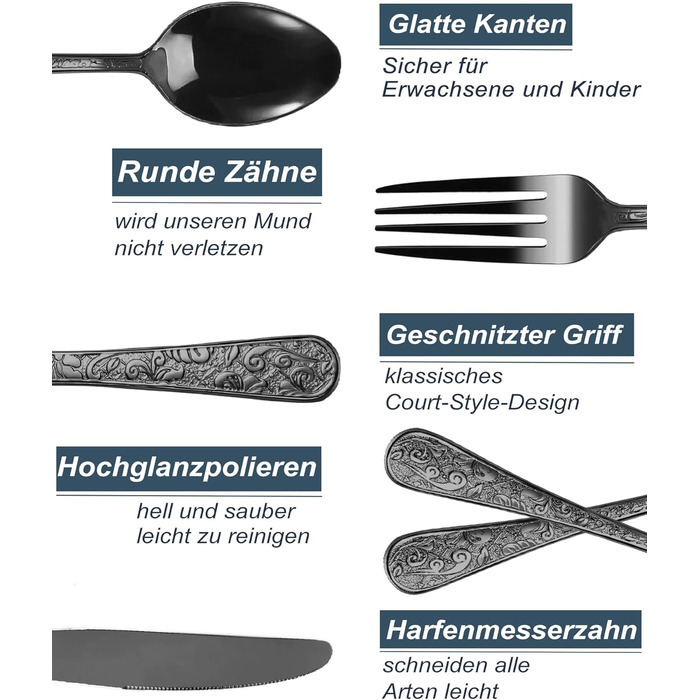 Набір столових приборів з нержавіючої сталі в вінтажному стилі на 6 осіб (чорний, 24 предмети) - ножі, виделки, ложки