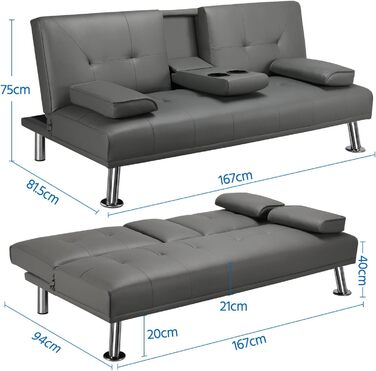 Yaheetech 3-Seater Convertible Sofa Bed with Cup Holders and Reclining Backrest