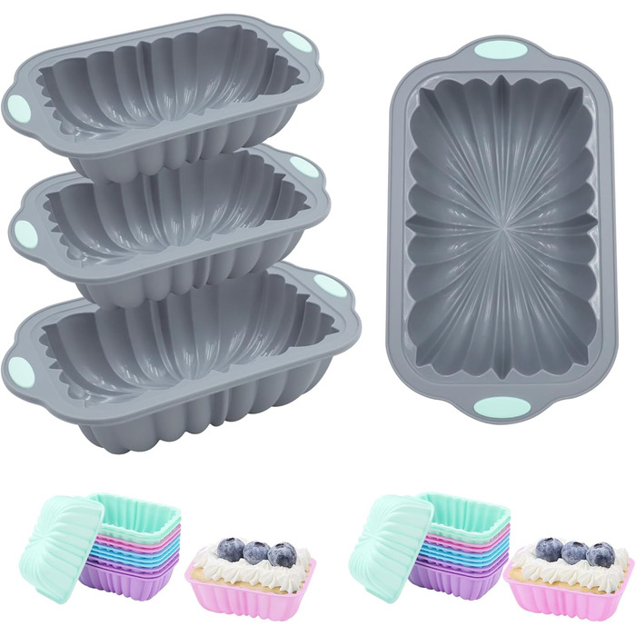 Encounter 28-Piece Silicone Baking Molds Set, Non-Stick Silicone 4/6/8 Cup Toast Pan, Silicone Mold for Bread, Meatloaf, Cake, with 24 Pack Reusable Baking Cups, Light Grey