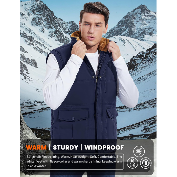 MAGCOMSEN Жилетка чоловіча утеплена зимова, без рукавів, тепла флісова жилетка для відпочинку, термо-перехідна жилетка з багатьма кишенями, розмір M, темно-синій