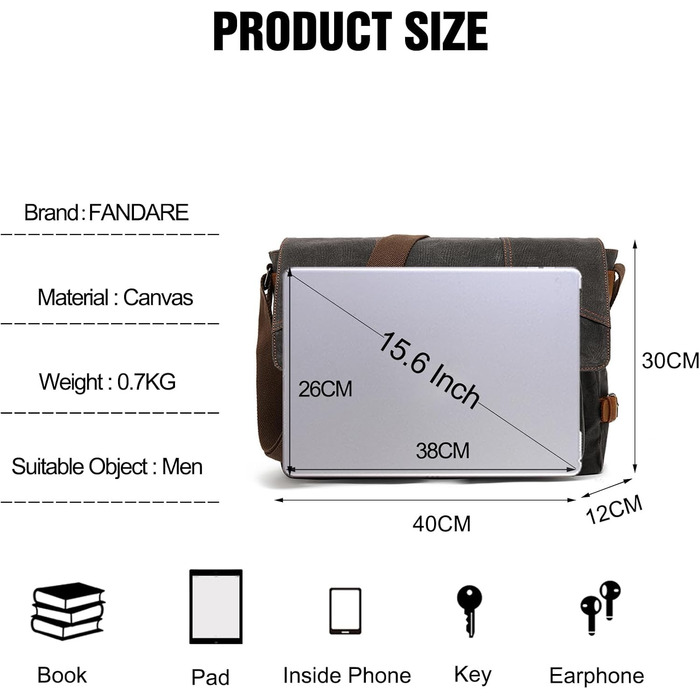 Чоловіча/Жіноча сумка через плече FANDARE для ноутбука 15.6 дюймів, Messenger Bag (Чорна)