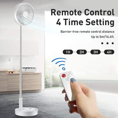 AICase Battery-Powered Table and Stand Fan, Cordless with Remote Control, Quiet 4-Speed Portable Fan, Height Adjustable and Foldable; Ø 19.7 cm, 7200mAh Rechargeable, incl. USB-C Charging Cable