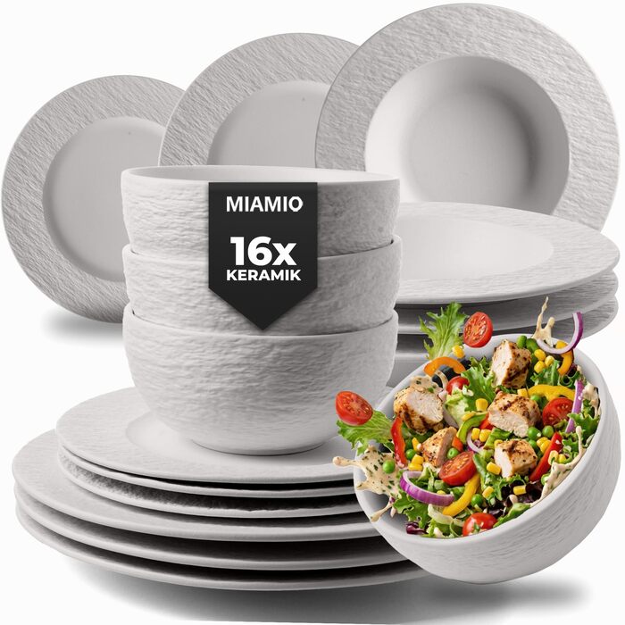 MIAMIO Набір посуду 16 предметів / Сучасний керамічний посуд / Набір посуду на 4 особи - Колекція Oasis (16 шт) / Білий посуд з суповими тарілками (16 шт)